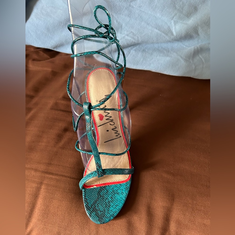 NWBox Stiletto Teal snake print wrap around sandal